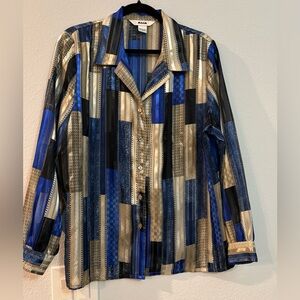 Alia Vintage Tile Stipes Long Sleeve Semi-Sheer Blouse Size 14